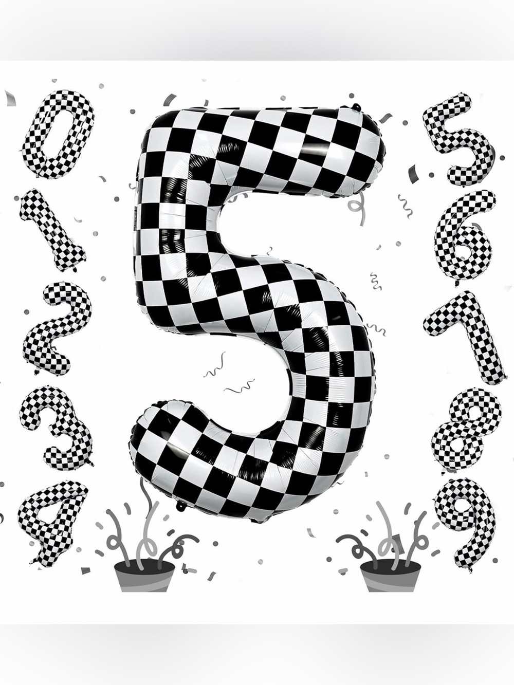 40 Inch Black White Checkered Number 5 Balloon Giant Race Car Themed Checkered